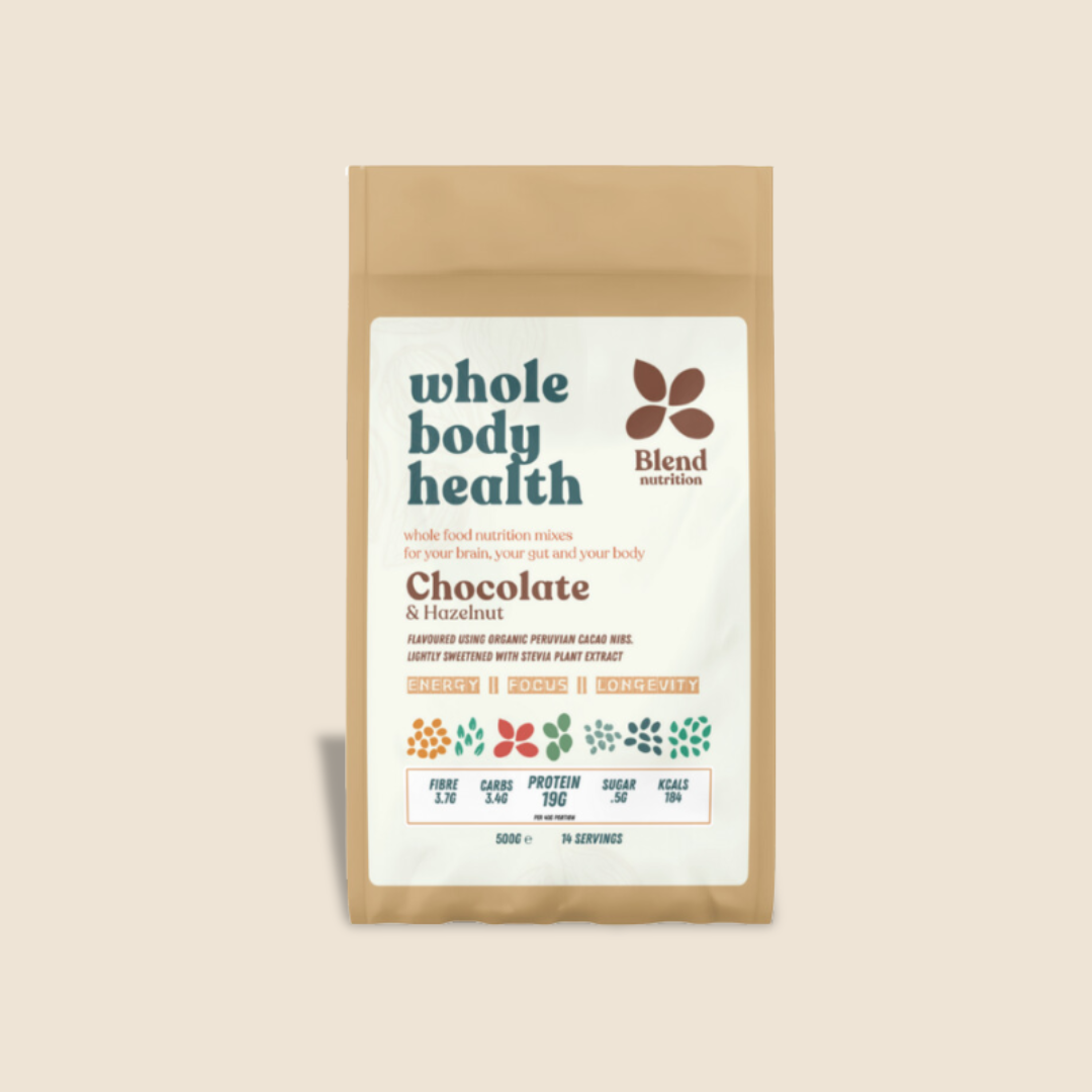 Chocolate and Hazelnut Mix by Blend Nutrition, featuring wholefood ingredients for a high-protein, gluten-free shake.