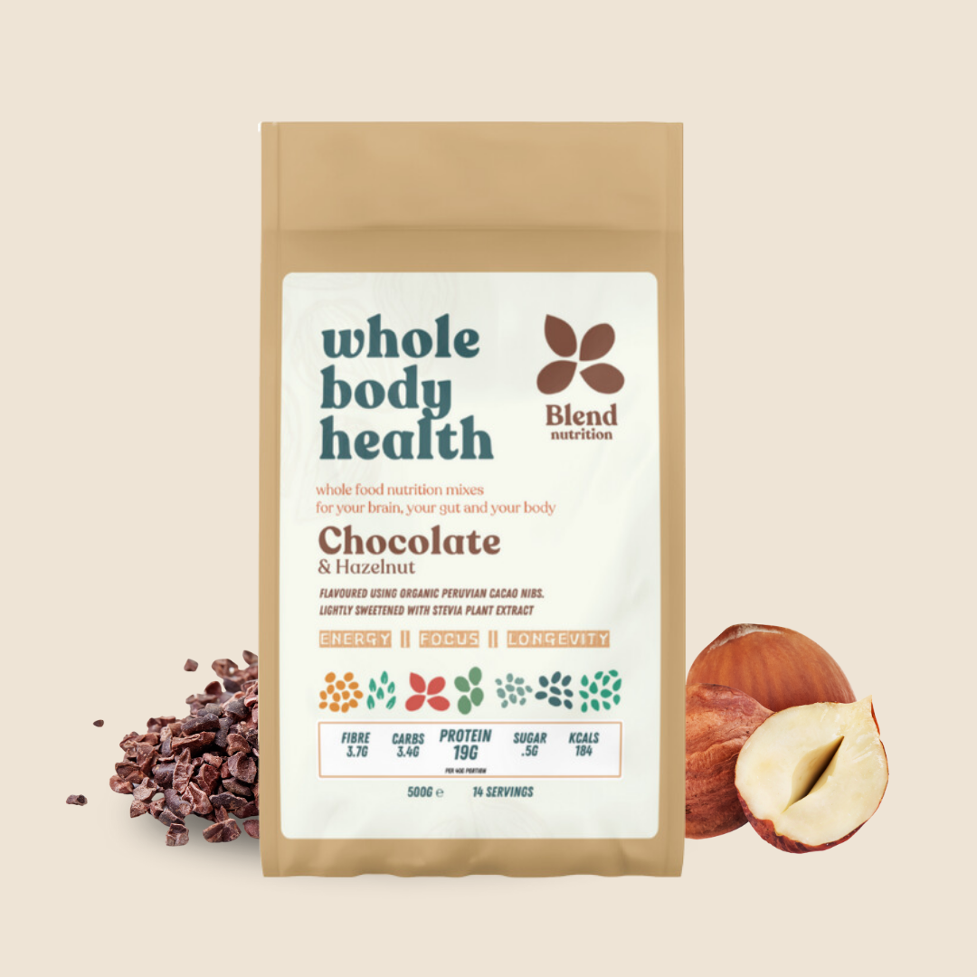 Chocolate and Hazelnut Mix by Blend Nutrition, featuring wholefood ingredients for a high-protein, gluten-free shake.