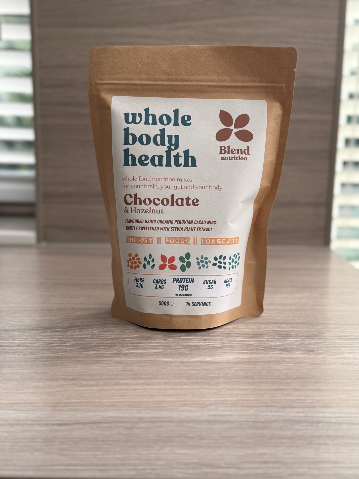 Chocolate and Hazelnut Mix by Blend Nutrition, featuring wholefood ingredients for a high-protein, gluten-free shake.