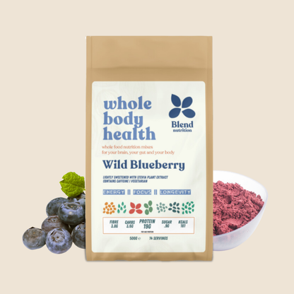 High-fibre, antioxidant-rich wild blueberry mix from Blend Nutrition, perfect for smoothies, oats, and baking