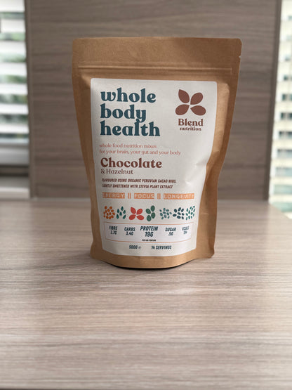 Chocolate and Hazelnut Mix by Blend Nutrition, featuring wholefood ingredients for a high-protein, gluten-free shake.